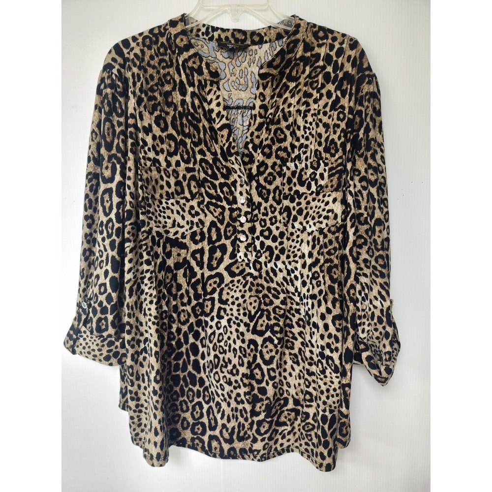 Vera Rose Woman‎  Animal Print Roll Tab Sleeve Pintuck Button Top Blouse  Sz 3X
